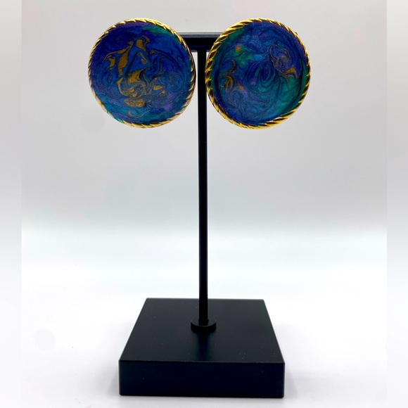 Gold & Blue Vintage Circular Earrings - Picture 1 of 1